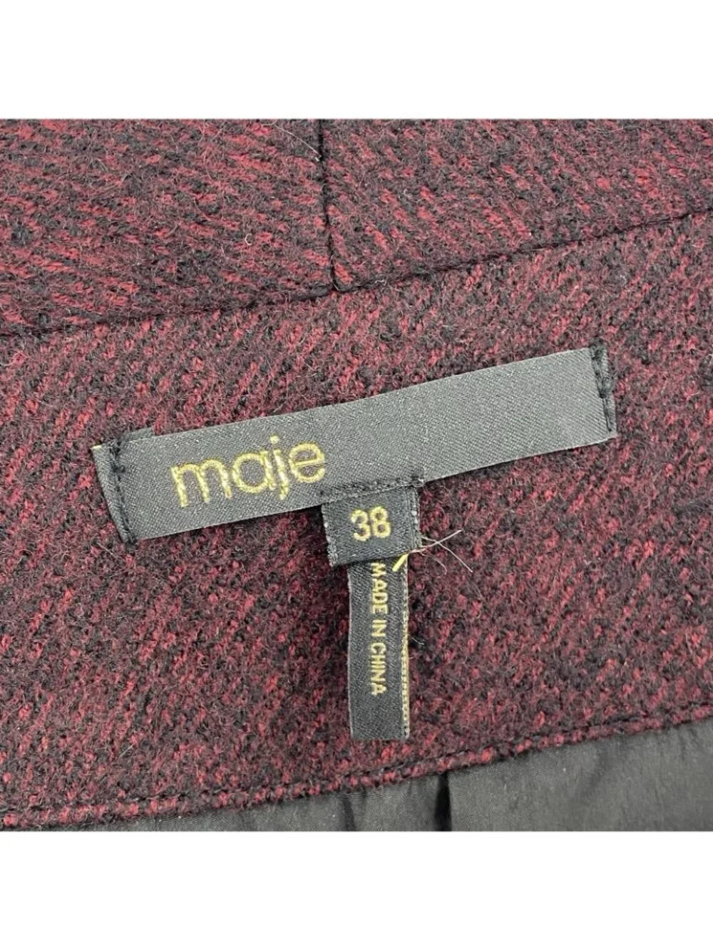 Maje Size 38 Medium Burgundy Wool Blazer W/ Leather Trim Jacket Fitted